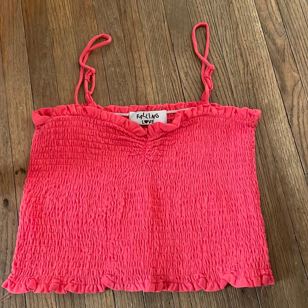 Pink rucched skinny strap top with frilly detailing size medium